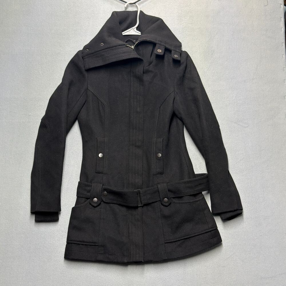 Blend Women's Wool Blend Coat Black Belted Hooded Jacket Size Small